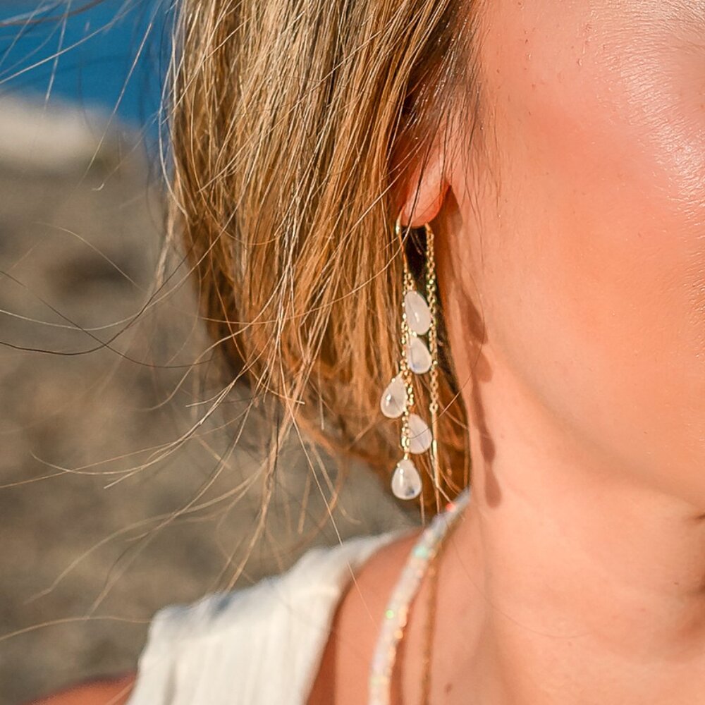 Moonstone Threader Earrings Gemstone Dangle Gold Non-tarnish Earrings Gorgeous - Picture 2 of 13